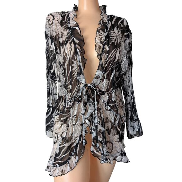 Sheer Floral Chiffon Ruffle Top 3X Coquette Fairy Grunge Whimsigoth Tie Front - Picture 1 of 8